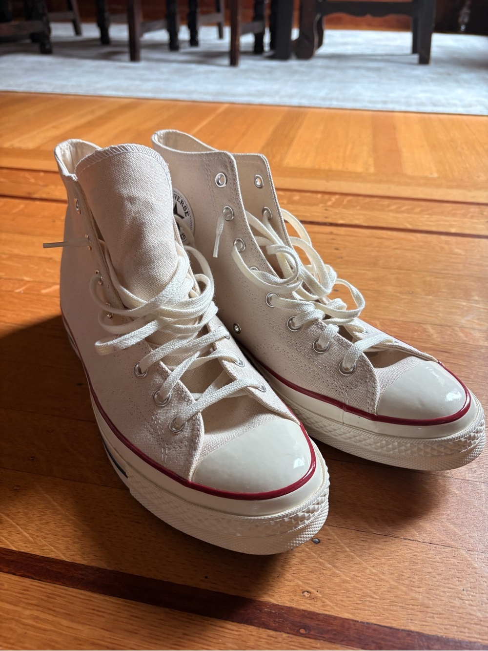 Converse High-Top Canvas Sneakers in Off-White with Red Trim